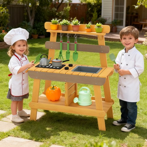 Kids outdoor mud kitchen - mud, kid